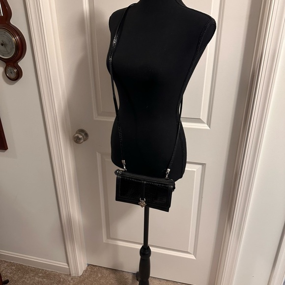 Brighton ❤️ Genuine Leather Crossbody Wallet Black Croc Gold/Silver Heart Charm - Picture 2 of 8